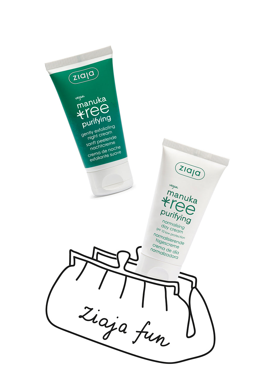 Two Ziaja manuka tree purifying skincare products with a black outline of a bag on a white background.
