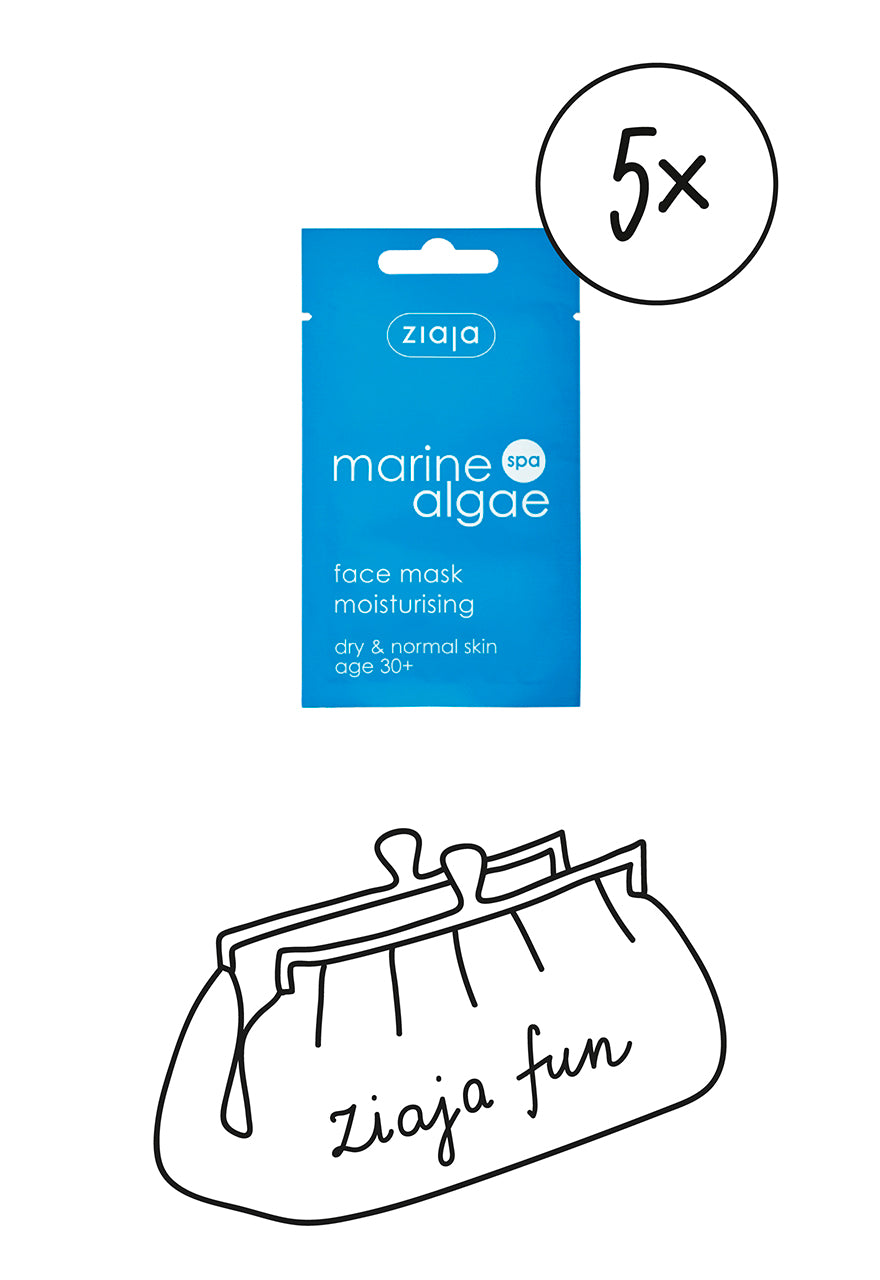 A packaged Ziaja Marine Algae Face Mask, designed for moisturizing dry and normal skin