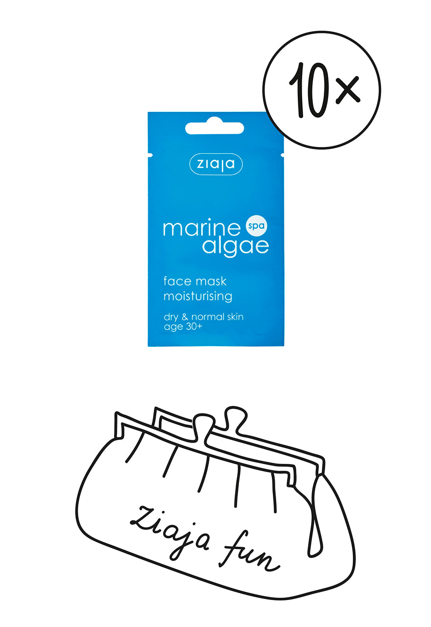 A packaged Ziaja Marine Algae Face Mask, designed for moisturizing dry and normal skin