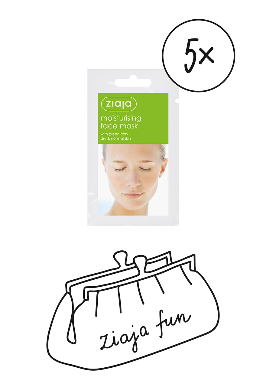 Ziaja moisturizing face mask packaging with a woman's face on it, next to a black outline of a bag with 'Ziaja fun' text.
