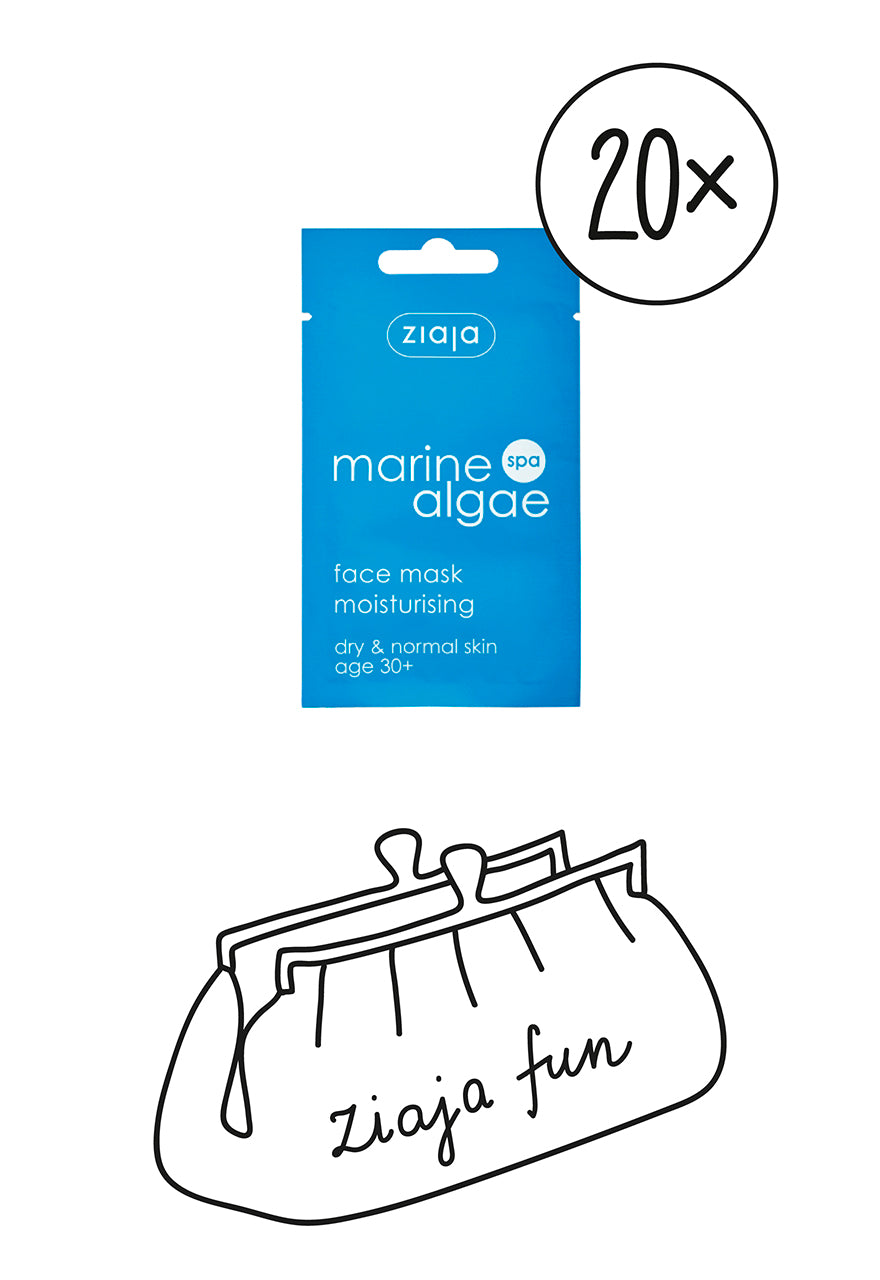 A packaged Ziaja Marine Algae Face Mask, designed for moisturizing dry and normal skin,