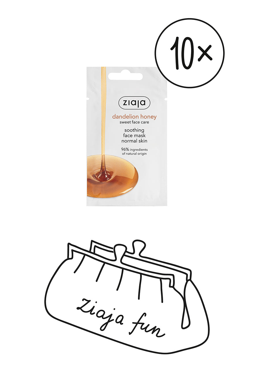 Ziaja dandelion honey soothing face mask packaging with a black outline of a bag below on a white background.
