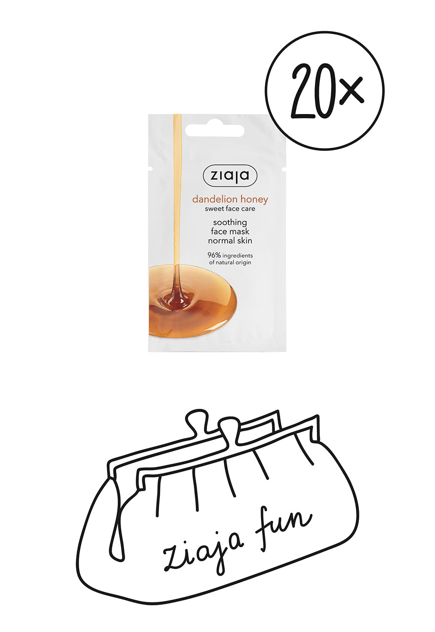 Ziaja dandelion honey face mask packaging with a black outline of a clutch bag and 'Ziaja fun' text.