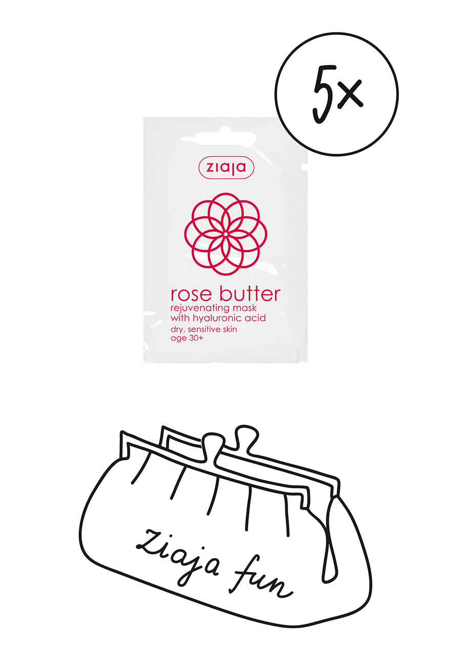 A sachet of Ziaja Rose Butter Rejuvenating Face Mask with hyaluronic acid, indicated for dry and sensitive skin.