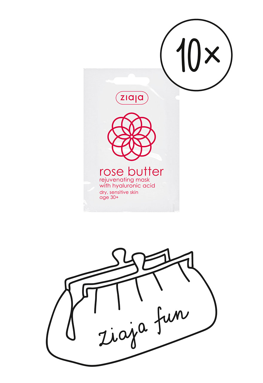 A sachet of Ziaja Rose Butter Rejuvenating Face Mask with hyaluronic acid, indicated for dry and sensitive skin.