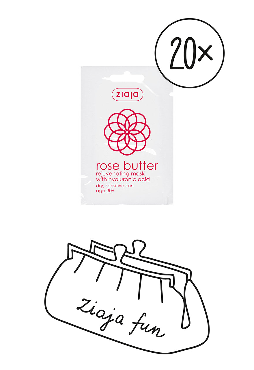 A sachet of Ziaja Rose Butter Rejuvenating Face Mask with hyaluronic acid, indicated for dry and sensitive skin.