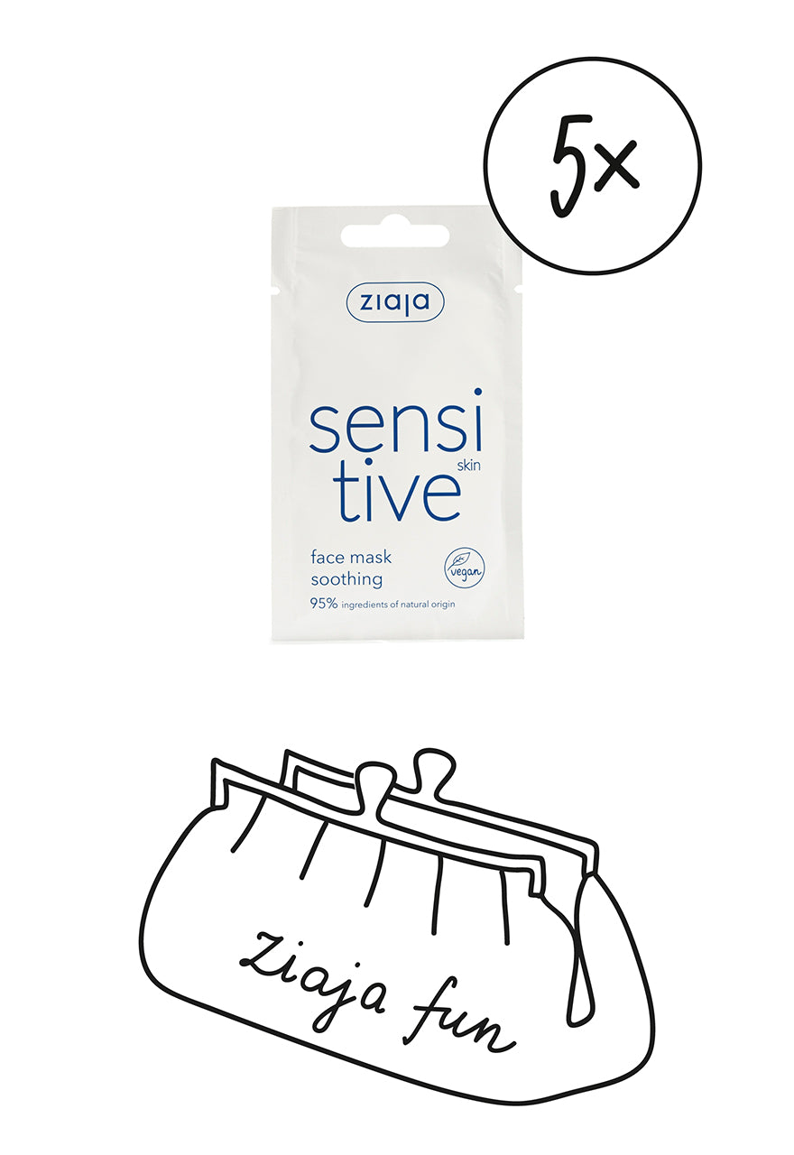 Ziaja sensitive skin face mask packaging with a black outline of a bag labeled 'Ziaja fun' on a white background.