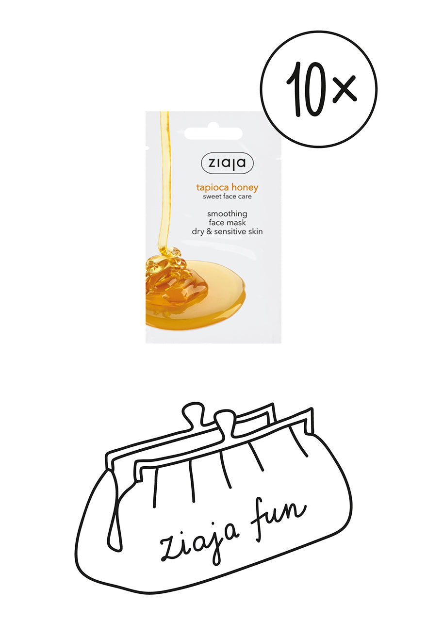 Ziaja tapoica honey packaging with a black outline of a bag labeled 'Ziaja fun' on a white background.