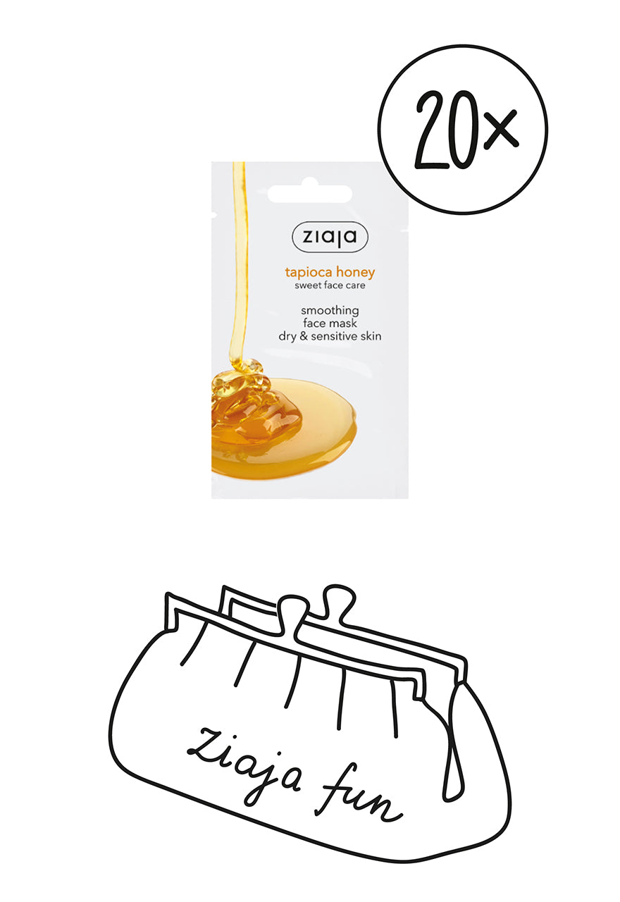 Ziaja tapoica honey mask with a honey dipper on a white background
