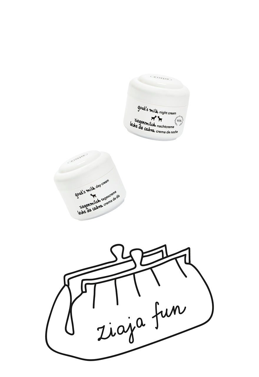 A set of Ziaja Goat's Milk day and night cream. And a black outline of a ziaja cosmetic bag.