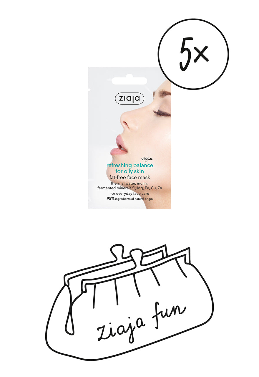 Ziaja face mask packaging with a woman's face and a handbag illustration on a white background.