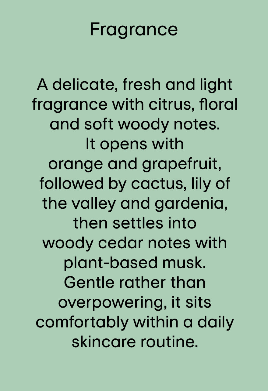 Text description of a fragrance on a light green background