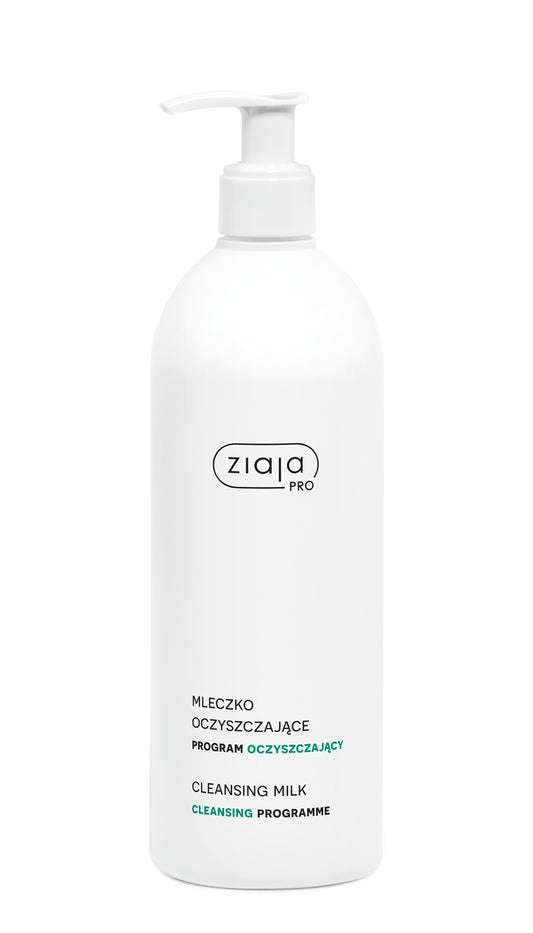 White bottle of Ziaja cleansing milk on a white background