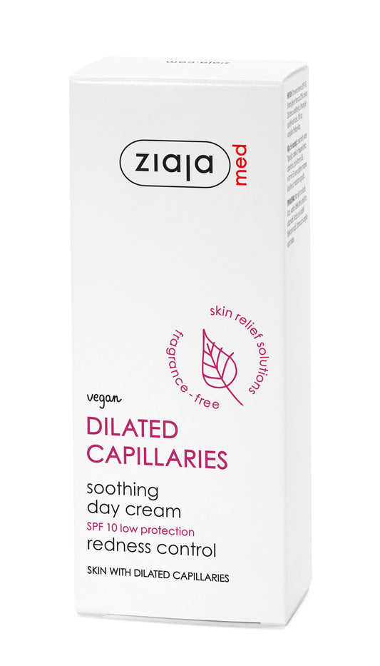 Ziaja Peuu Dilated Capillaries Soothing Day Cream SPF 10 low protection redness control, in a white rectangular box with purple and red text.