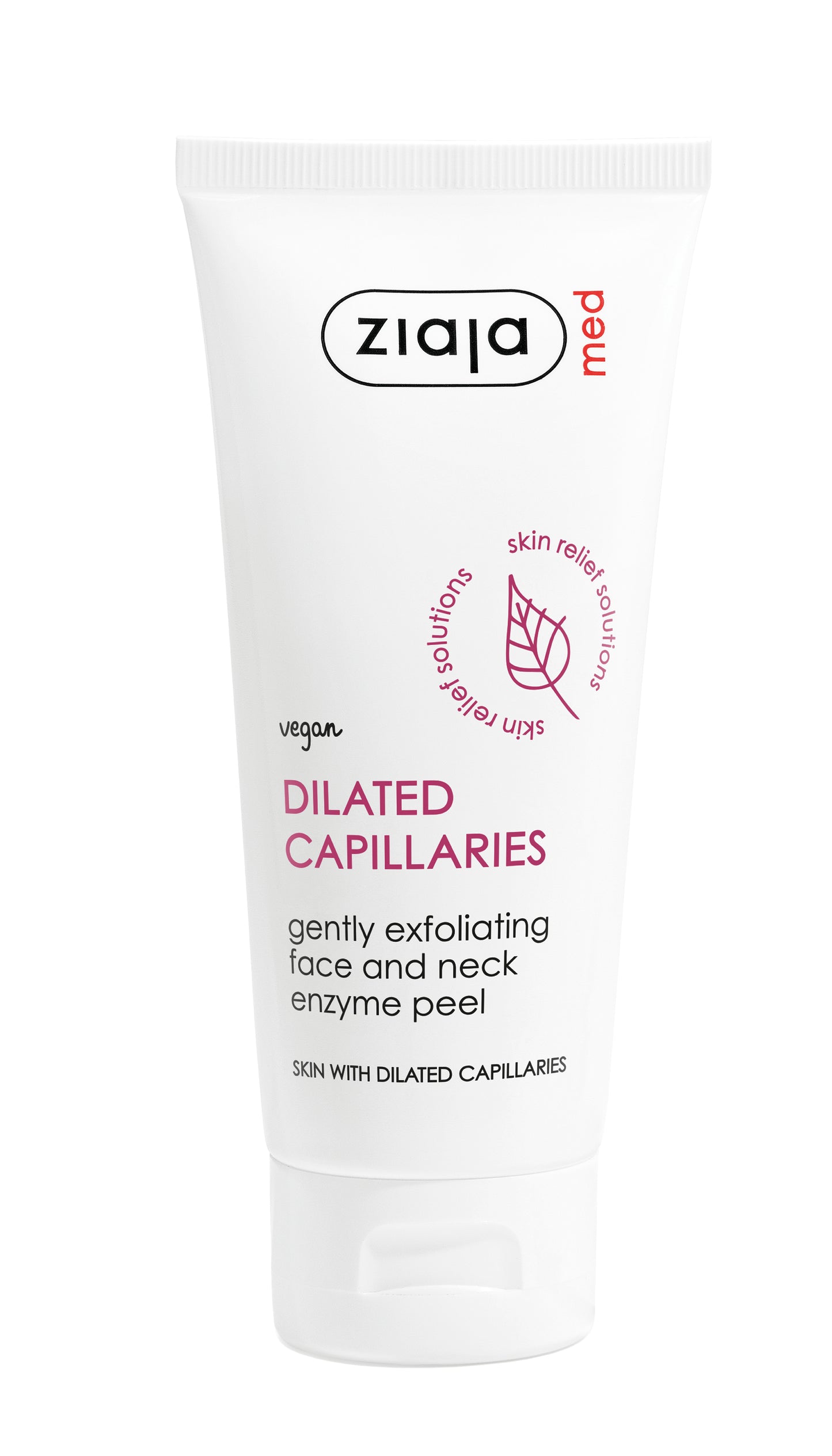 Ziaja Med Dilated Capillaries gently exfoliating face and neck enzyme peel in a white squeeze tube with purple and red text, on a white background.