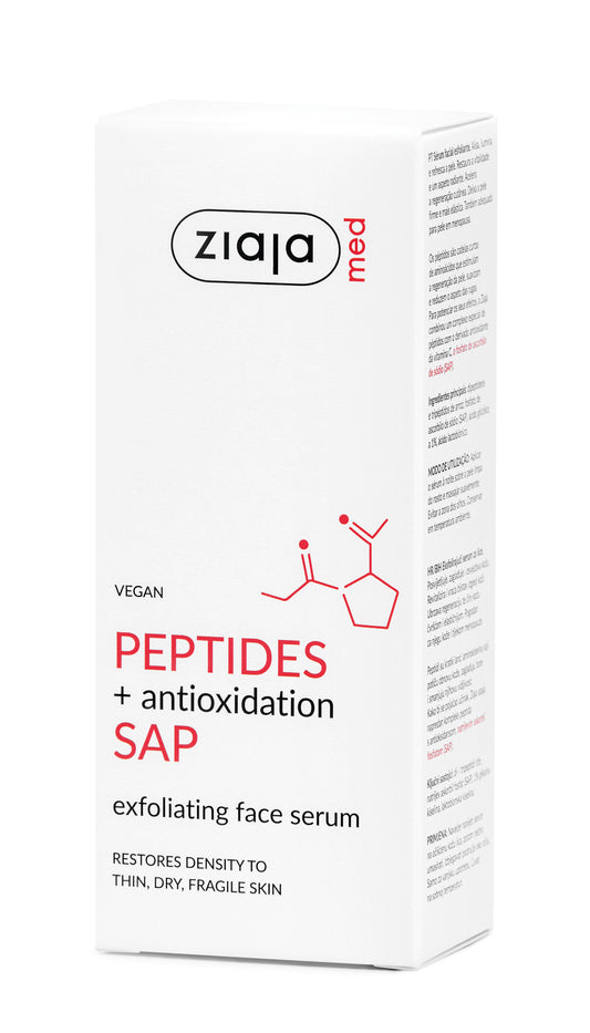 Ziaja peptides and antioxidation SAP exfoliating face serum packaging on a white background