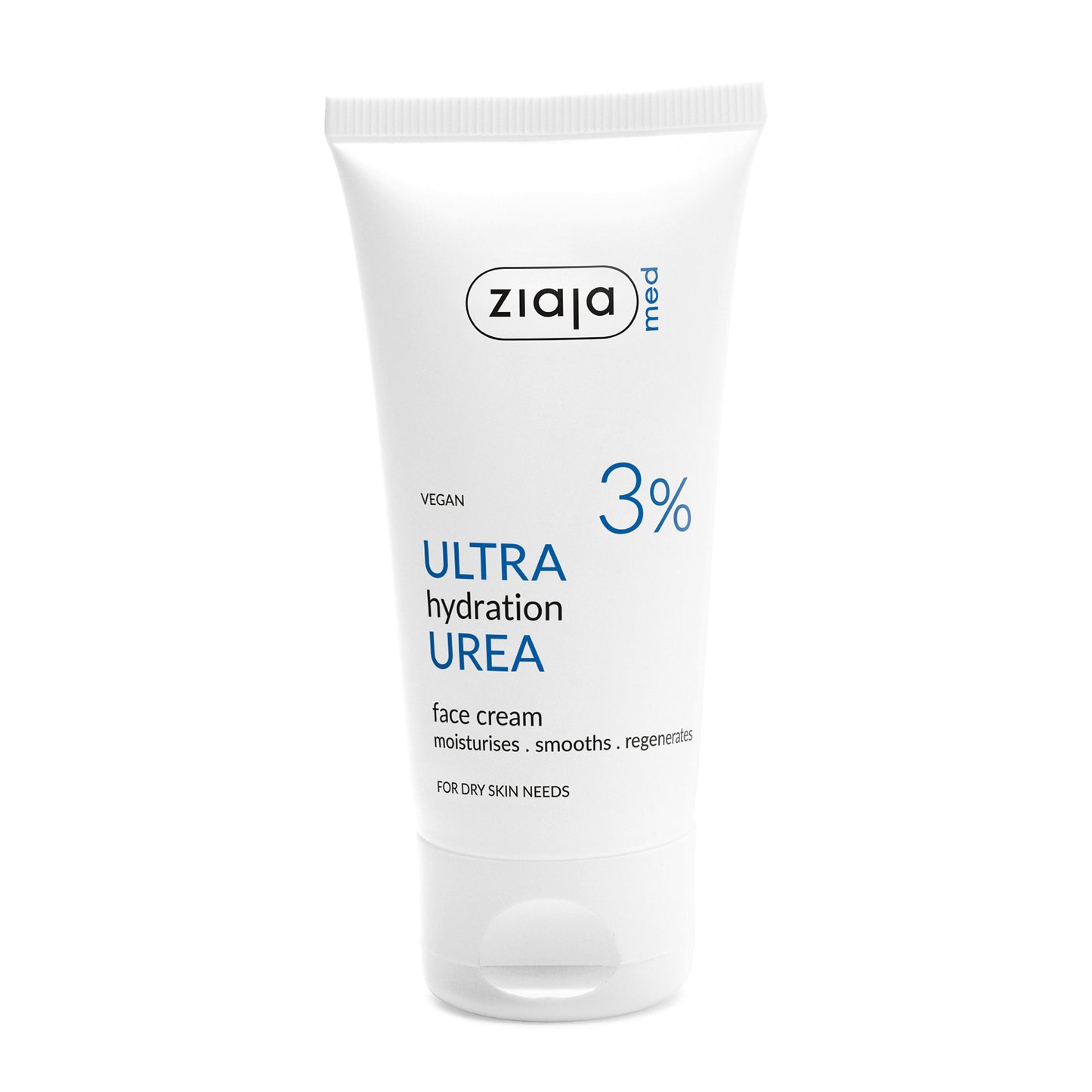 White Tube of Ziaja Med Urea Ultra Hydration Face Cream 3% – Vegan Moisturising, Smoothing & Regenerating Face Cream for Dry Skin