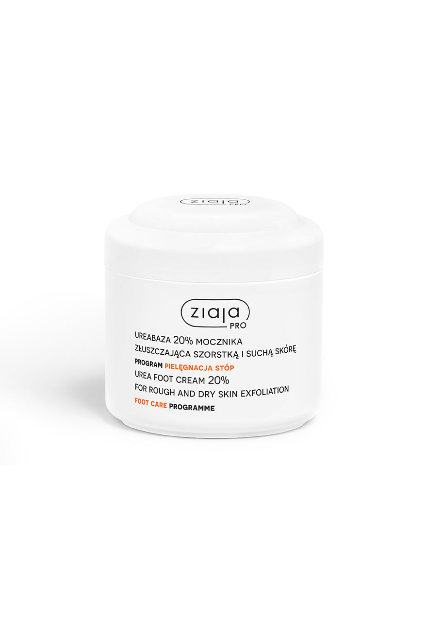 Ziaja Pro 20% Urea Foot Cream for exfoliating rough, dry skin, from the Foot Care Programme, in a white jar.