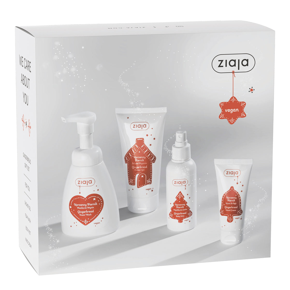 Ziaja Gingerbread vegan Christmas gift set with foam wash, shower gel, body mist and hand cream in a festive white gift box.