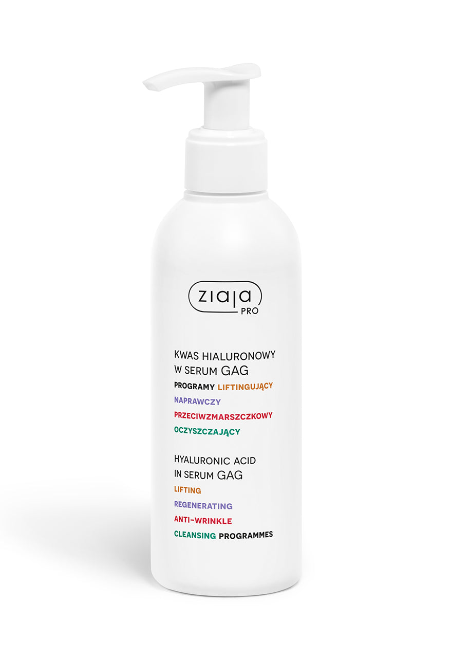 Ziaja Pro hyaluronic acid in serum GAG – lifting, regenerating, anti-wrinkle and cleansing programmes on a white background