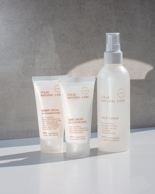 Ziaja Natural Care vegan skincare set with moisturising day cream, regenerating night cream and face toner in minimalist white packaging