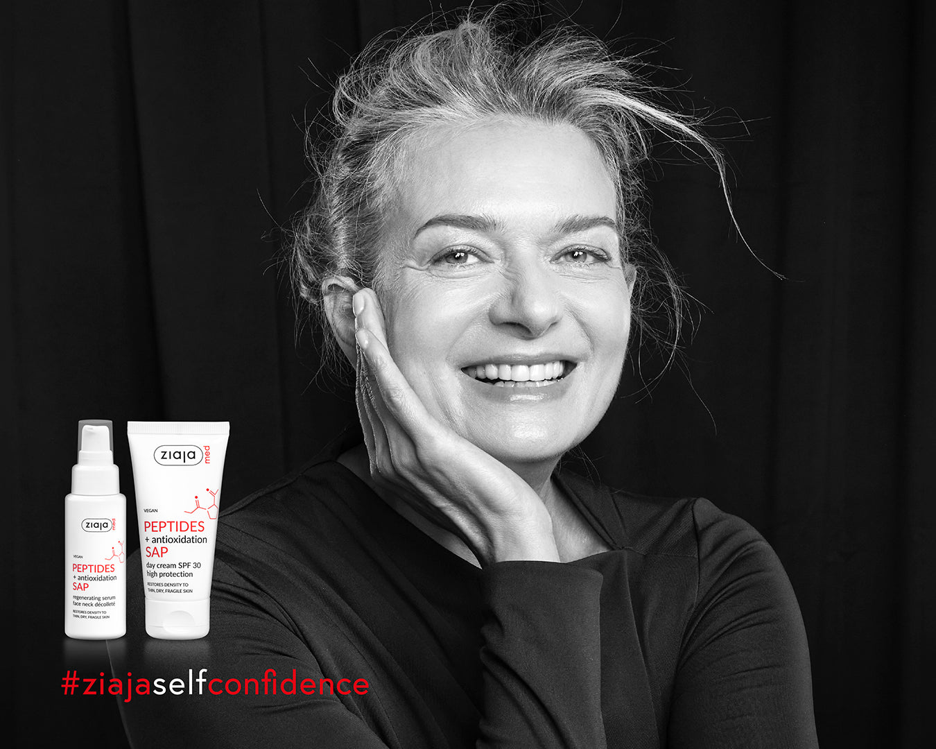 Woman with skincare products on a black background, featuring the brand 'ziaia'.