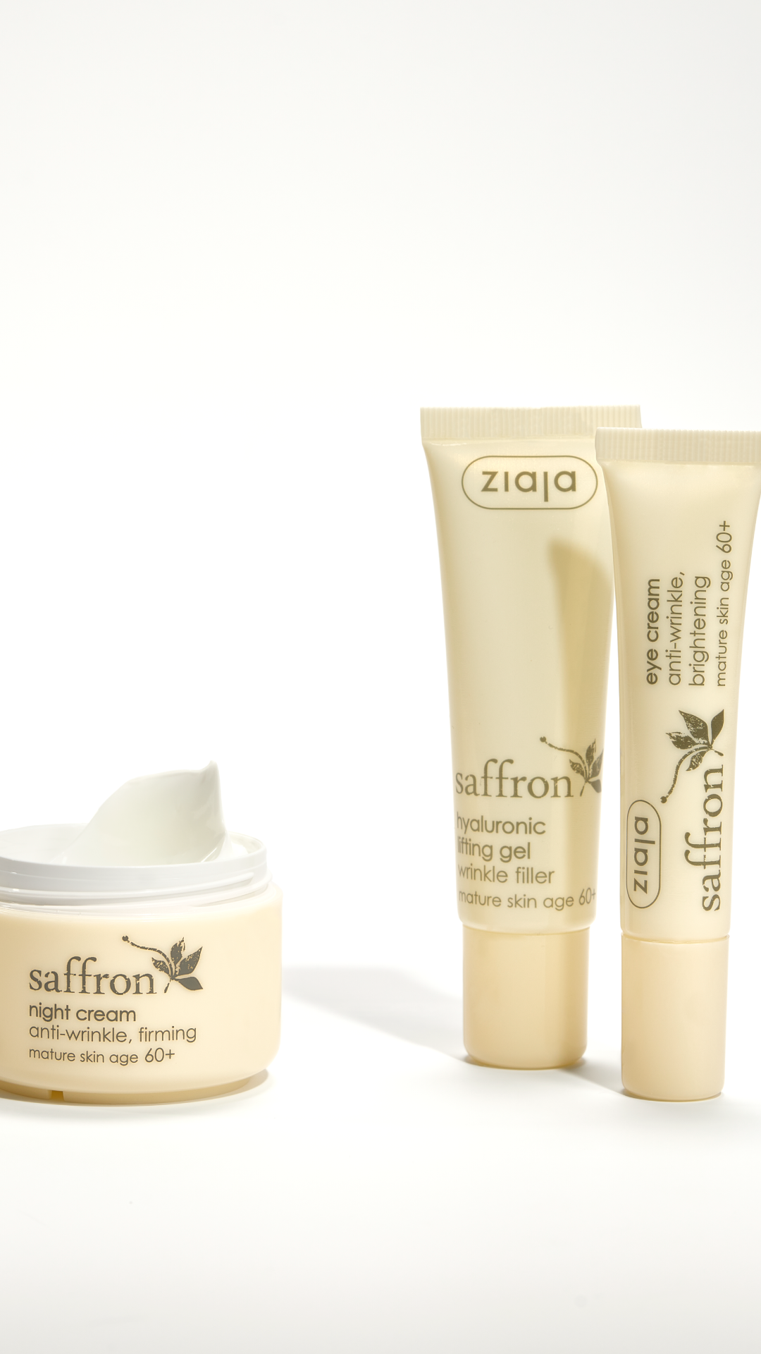 Ziaja saffron skincare products including a night cream and two gel tubes on a white background