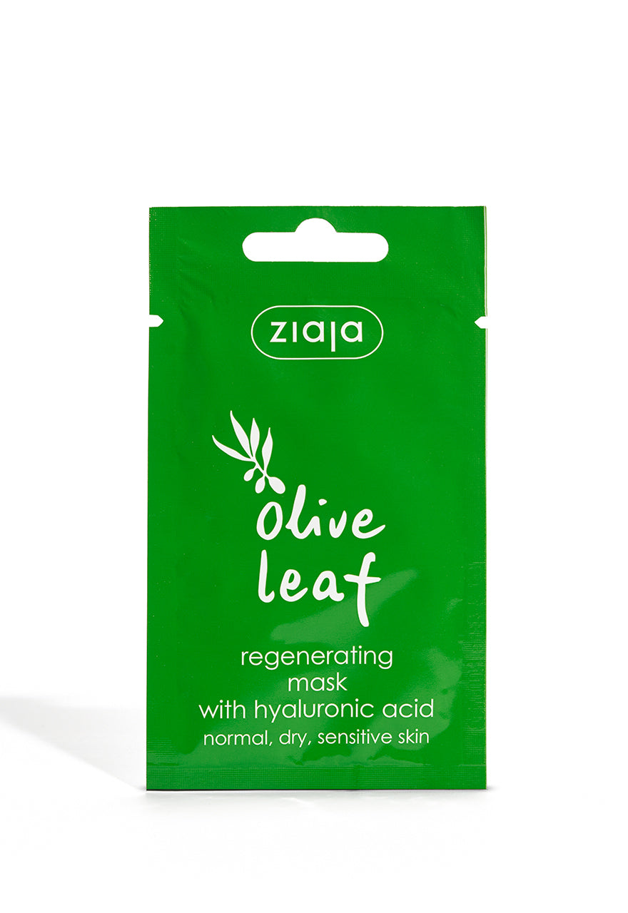 A green sachet of Ziaja Olive Leaf Regenerating Mask with hyaluronic acid, intended for normal, dry, and sensitive skin.