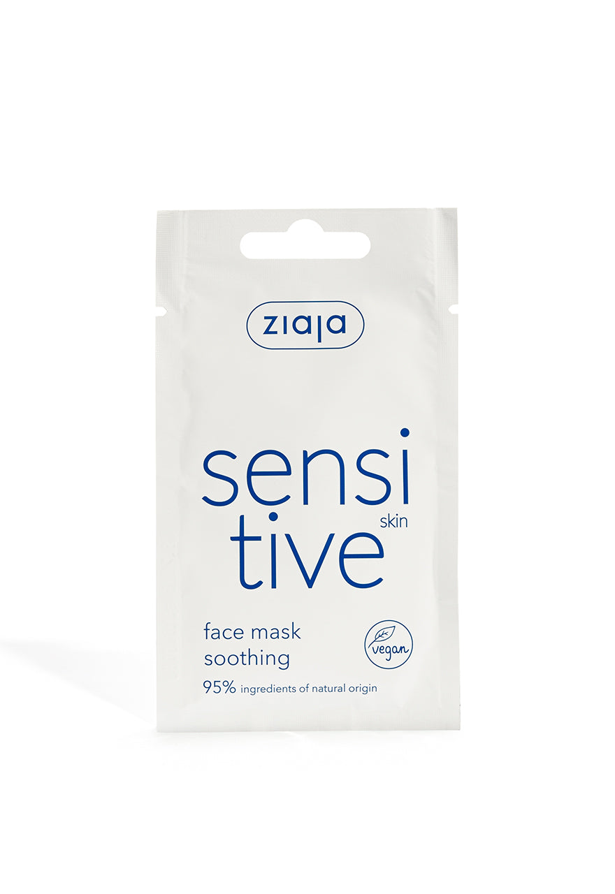 A packaged Ziaja Sensitive Skin Face Mask, with blue and red text on a white background, indicating it is designed for sensitive skin and is vegan.