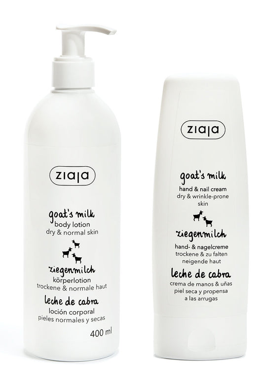 Two bottles of Ziaja skincare products, one for body lotion and one for hand cream, both with goat’s milk as an ingredient.