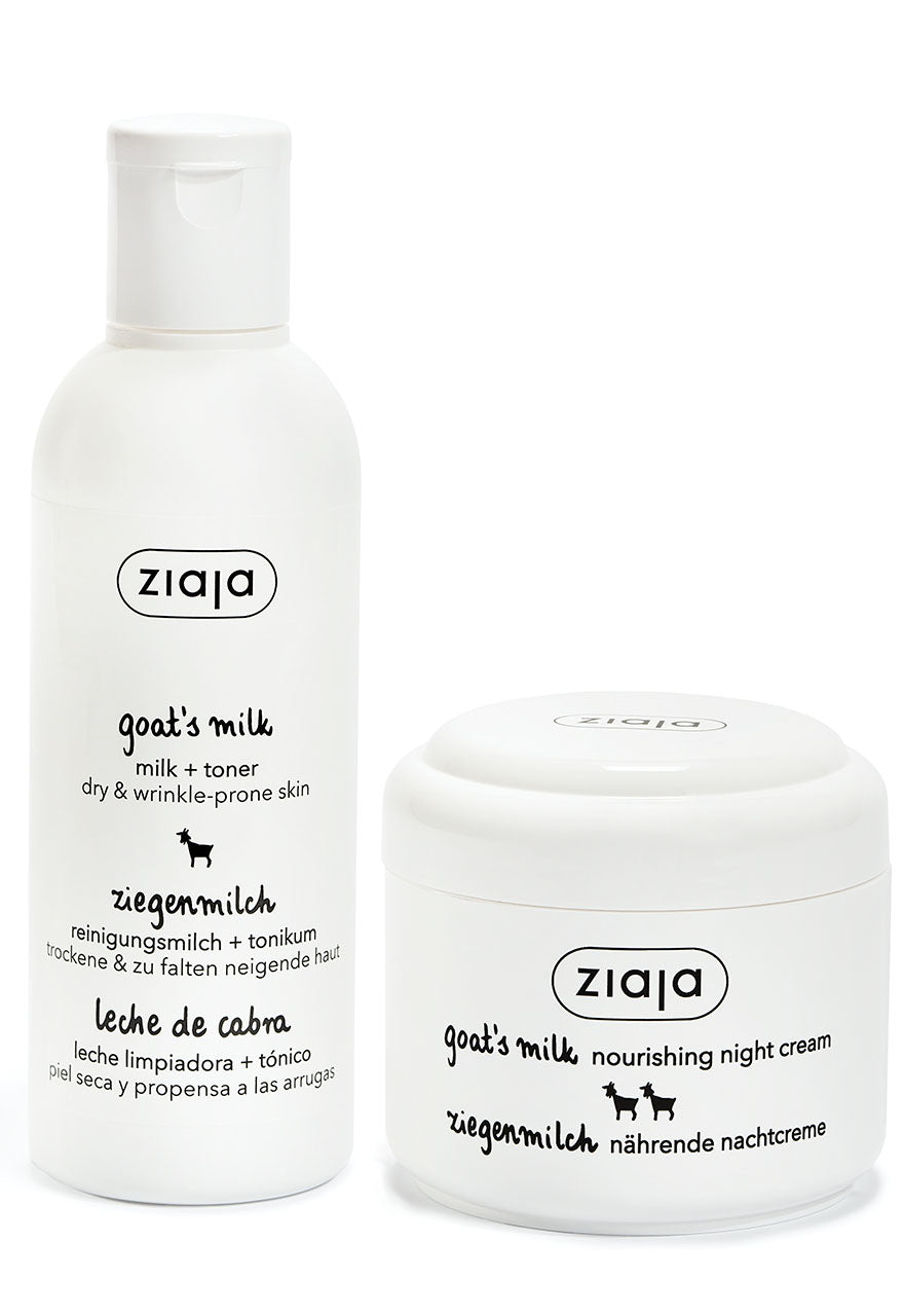 Image of Ziaja Goat's Milk Night Cream in a white jar and Ziaja Goat's Milk Toner-Milk in a white bottle with blue and green label.