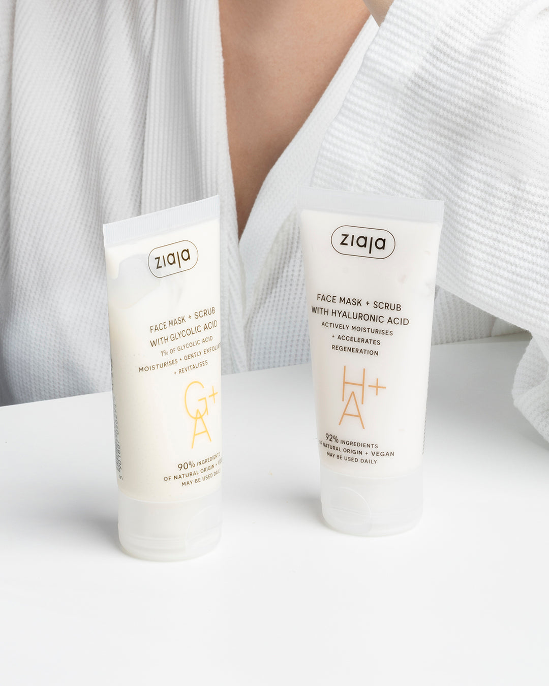 Three tubes of Ziaja Face masks and scrubs against a white background. 