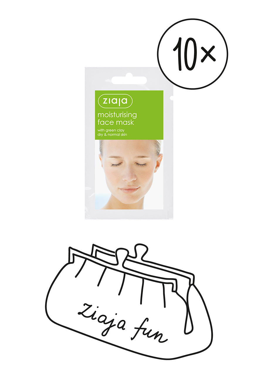 10 X Ziaja Moisturising Face Mask With Green Clay/Sachet/Display 7Ml