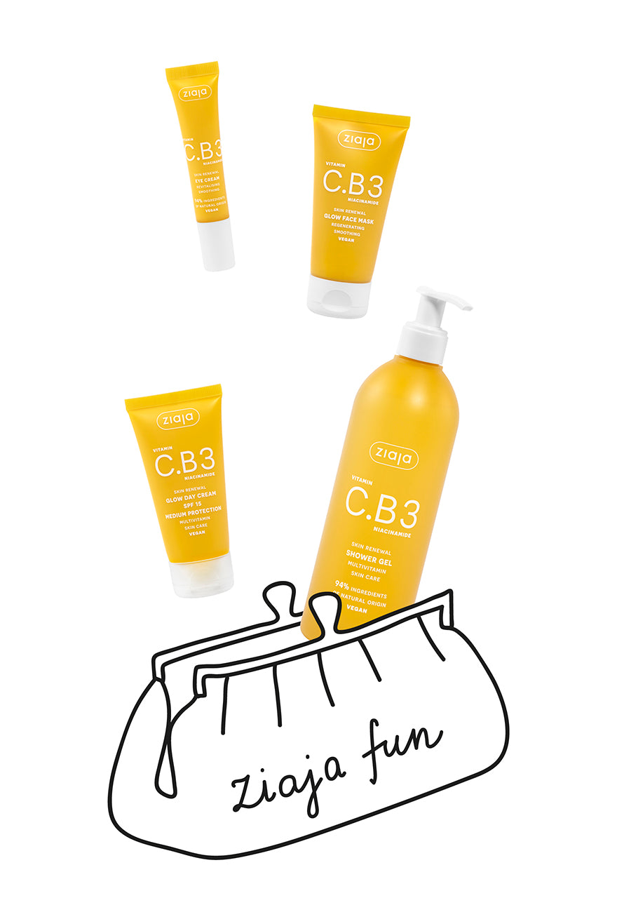 Ziaja Vitamin C.B3 Niacinamide glow skincare bundle with four yellow-packaged products
and a cosmetic bag illustration.