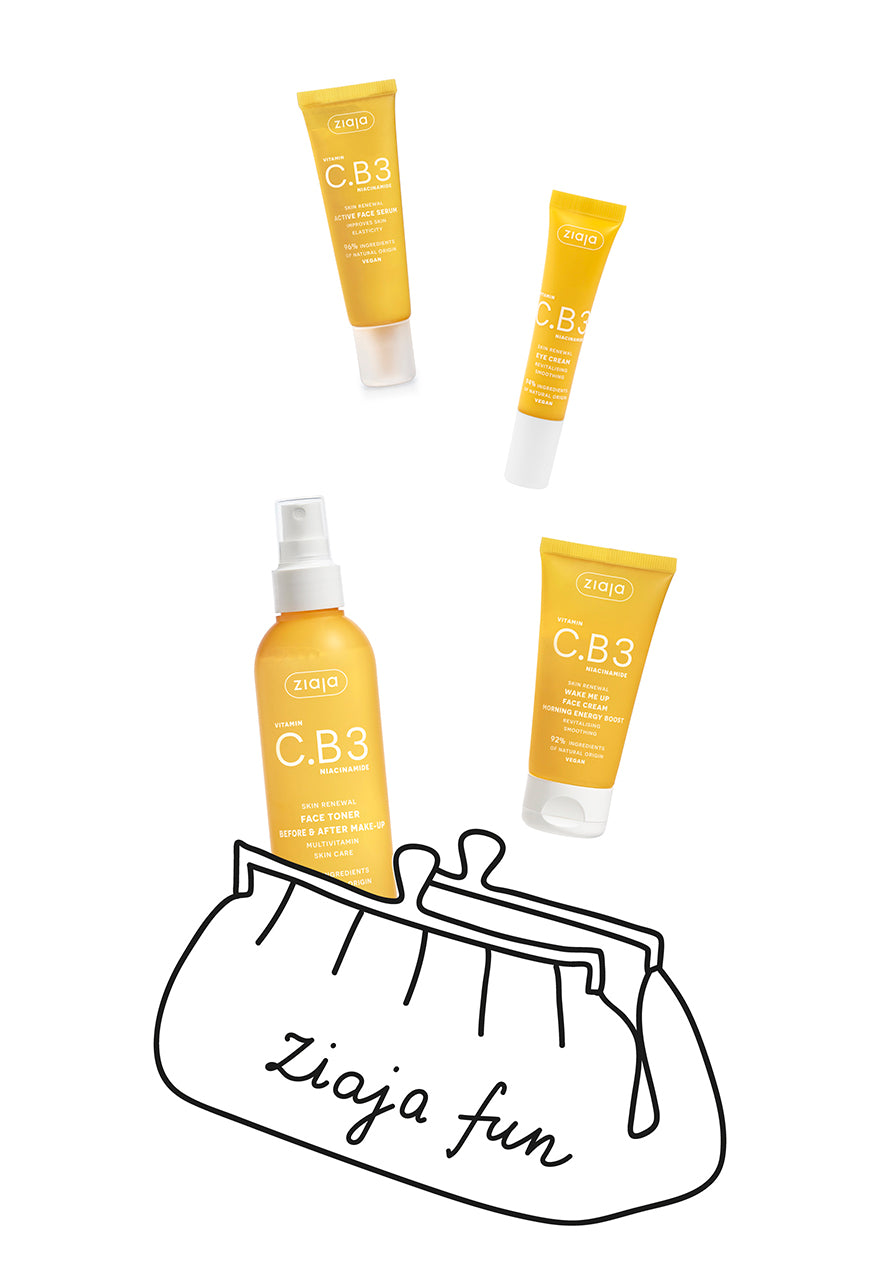 Ziaja Vitamin C.B3 Niacinamide toner, face cream, serum and eye cream in yellow
packaging.