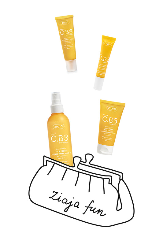 Ziaja Vitamin C.B3 Niacinamide toner, face cream, serum and eye cream in yellow
packaging.
