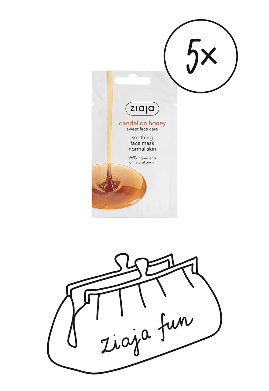 Ziaja dandelion honey face mask packaging with a black outline of a clutch bag and 'Ziaja fun' text.