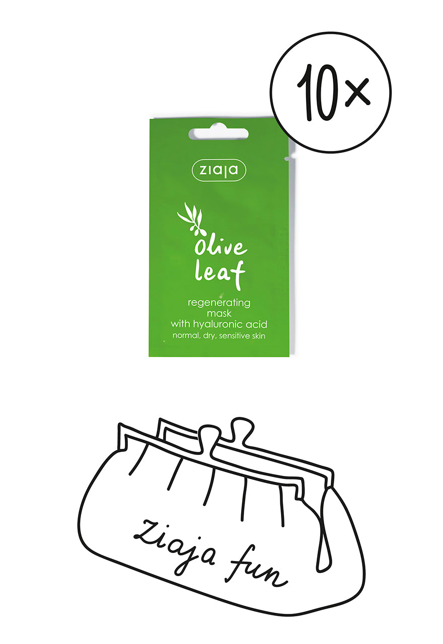Ziaja Olive Leaf mask packaging with a black outline of a bag labeled 'Ziaja fun' on a white background.