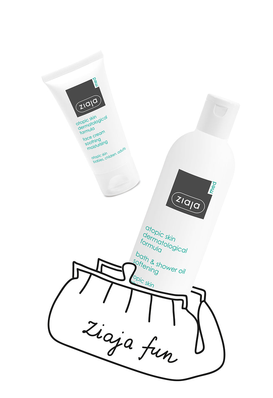 Two Ziaja skincare products with a small bag labeled 'Ziaja fun' on a white background