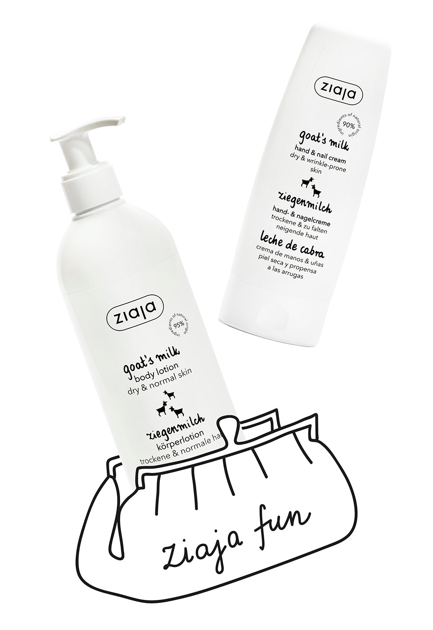 Ziaja goat's milk body lotion and hand cream with a small bag on a white background
