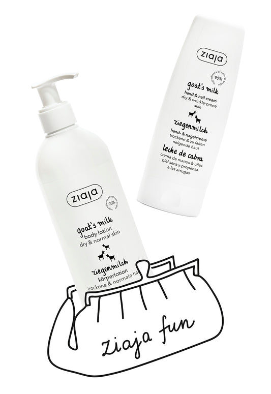 Ziaja goat's milk body lotion and hand cream with a small bag on a white background