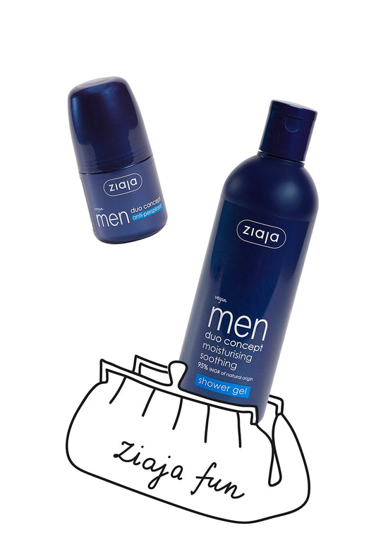 Two Ziaja men's skincare products on a white background with a decorative bag illustration.