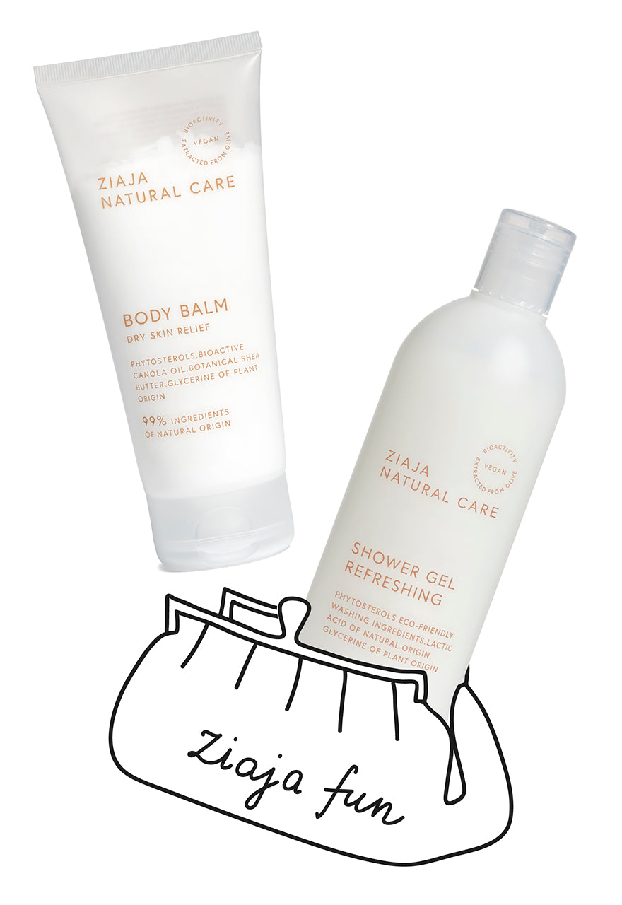A clear bottle of Ziaja Natural care shower gel and a tube of body balm pooping out of an outline of a cosmetic bag. Ziaja fun writen on the bag in black.
