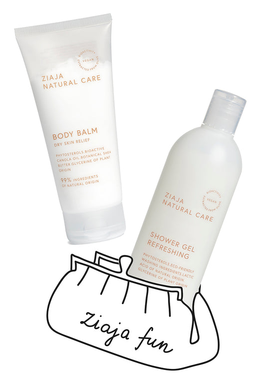 A clear bottle of Ziaja Natural care shower gel and a tube of body balm pooping out of an outline of a cosmetic bag. Ziaja fun writen on the bag in black.