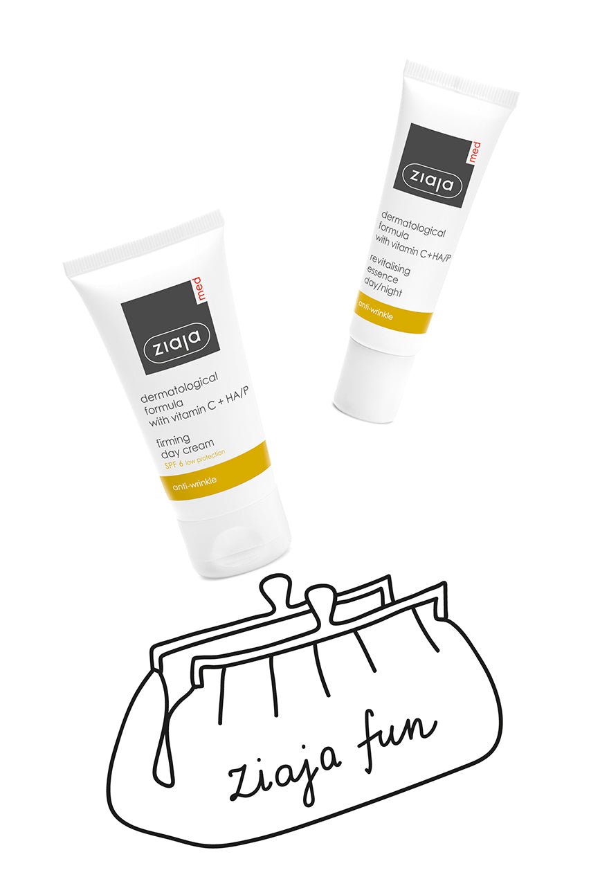 Two Ziaja skincare products with a handbag illustration on a white background
