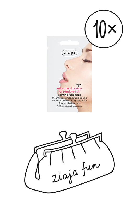 Ziaja packaging with a face mask and a handbag illustration on a white background