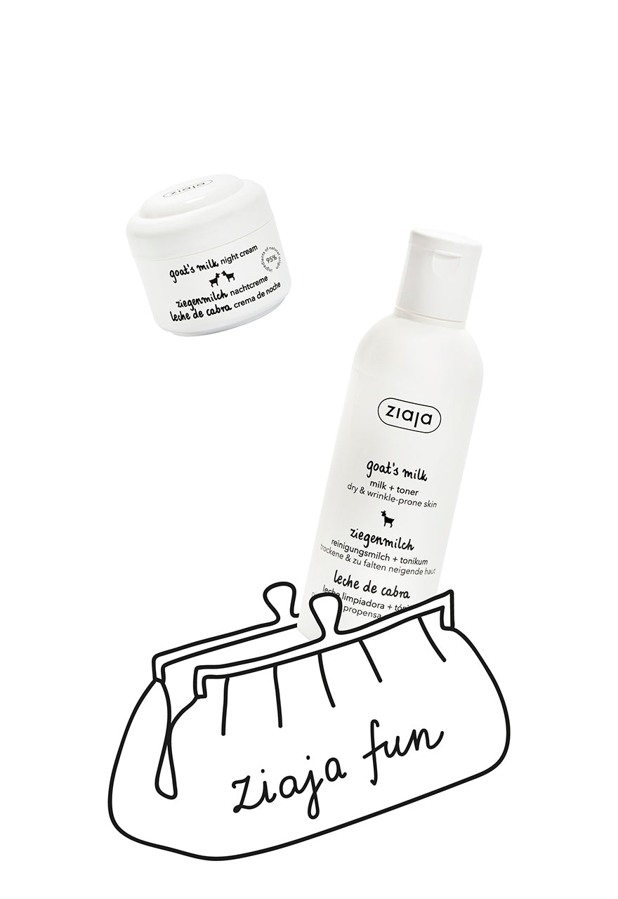 Two Ziaja Goat's Milk products on a white background and a drawing of an open make-up bag with ziaja fun written on it.