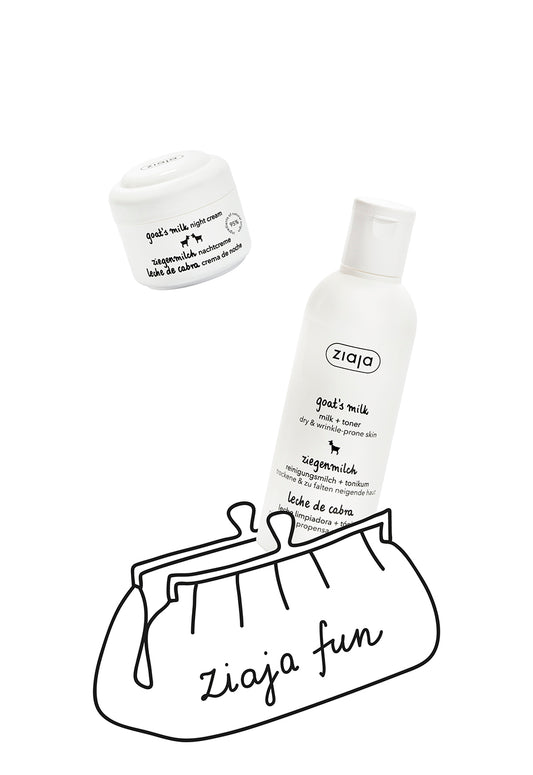 Two Ziaja Goat's Milk products on a white background and a drawing of an open make-up bag with ziaja fun written on it.