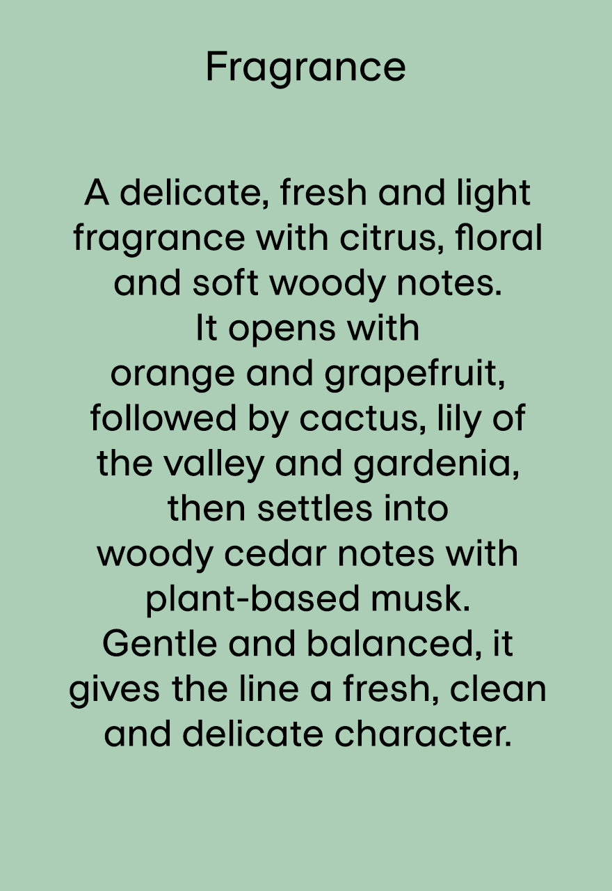 Text description of a fragrance on a light green background