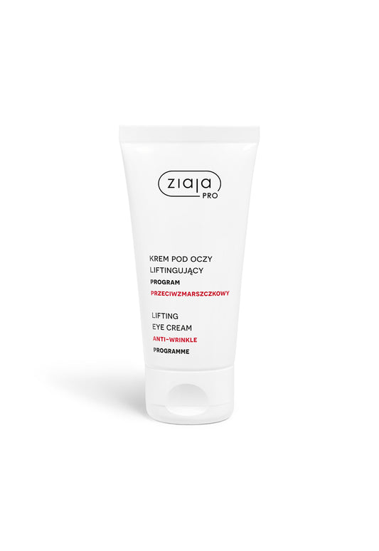 Ziaja Pro lifting eye cream anti-wrinkle in white tube packaging on a clean background